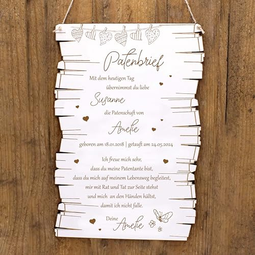 Dekolando Patenbrev Gudbärare för dop för doppater av trä Personlig gåva från dopbarn för patentant Patenonkel 16 x 24 cm