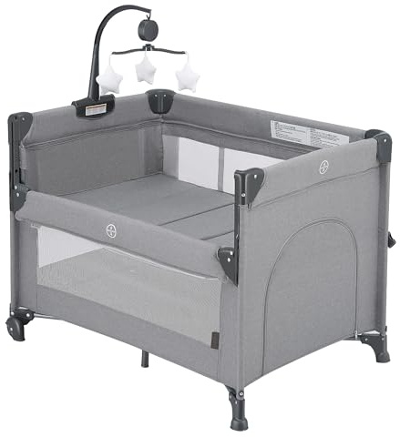 QUTANIX 2-in-1 Baby Playard, Pack and Play Bassinet, Easy Folding Portable Crib with Music Mobile for Newborn to Toddlers (Grey)