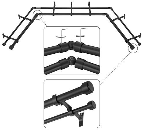 Mayrhyme Black Double Corner Window Curtain Rods with Aluminum End Cap Finials and Brackets,1 Inch Diameter Dual Bay Window Curtain Rods, Adjustable 2 Sided 20-36 and 36-72 Center Double Rod