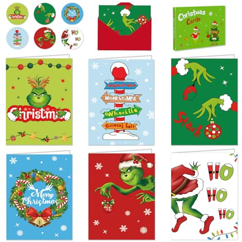 Christmas Cards 2025 Pack of 24 - Multipack Xmas Cards - 6 Different Grnch Designs with 24 Envelopes in 6 Colors for Family, Friends, Granddaughter and Children