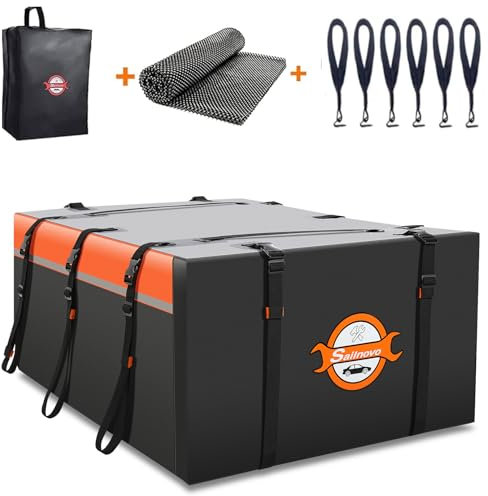 Sailnovo Coffre de Toit de Voiture Pliable 21 Pieds Cubes, avec Tapis antidérapant, 6 Crochets de Porte, en PVC 1000D, pour Voiture avec/sans Barre transversale, Coffre de Toit (Orange)
