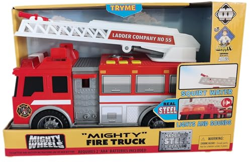 Mighty Wheels Steel Fire Truck Toy 10 - Large Free-wheeling Toy Truck with Sounds and Lights and Movable Ladder - Durable Steel and Plastic Fire Engine Toys for 3+ Year Old Boys and Girls