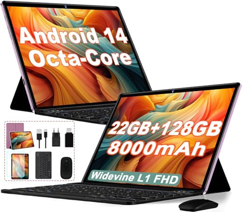 Dghrti Tablette Android 14, 10 Pouces Écran IPS HD, 22Go RAM + 128Go ROM (Extensible 1TB), Octa-Core, 8000mAh, 8MP+5MP, WiFi 5G, Corps métallique, avec Clavier et Souris - Violet