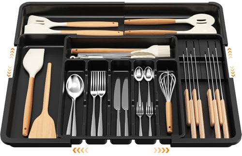 Euqvunn Portaposate da Cassetto Espandibile, 6-9 Scomparti Regolabili con 2 Blocchi Rimovibili per Coltelli, Vassoio in Plastica per Posate, Organizzatore Cassetto Cucina (Nero)