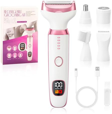 Afeitadora eléctrica 5 en 1 para mujer para ingle y cuerpo • IPX7 impermeable • Se puede utilizar en seco y húmedo • Diseño sin dolor para piel sensible • Afeitadora íntima y zonas delicadas con