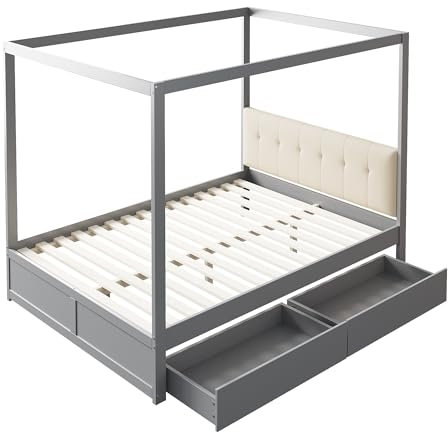 Idemon Cama con dosel de 140 x 200 cm con cajones grandes y respaldo suave, cama de madera gris