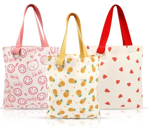 PHOGARY 3PCS Reusable Shopping Bags Foldable, Small Tote Bags Canvas Handbags for Durable Lightweight Portable Storage Lunch Grocery Totebag, 3 Styles