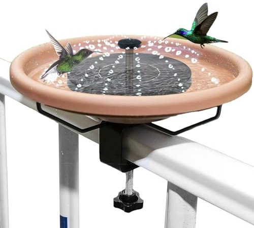 Bebedero para pájaros con fuente solar 2 en 1 antiguo baño para pájaros para exteriores jardín piscina para pájaros cuenco de alimentación para aves silvestres bebedero de agua, abrazadera de valla