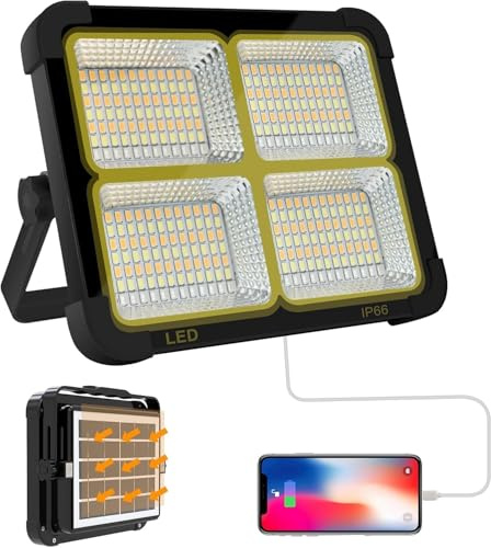 LED Construction Spotlight Solar Rechargeable Battery Work Spotlight Portable Camping Lamp with 16500 mAh Power Bank, 10000 Lumen for Construction Site Garage (Black)