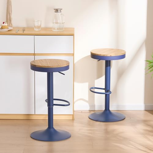 YOUNIKE Taburete de Bar de Madera Set de 2, Altura Ajustable y Giratorio a 360° con Reposapiés, Silla Alta para Bar, Cocina, Banco, Montaje Fácil, Azul Marino