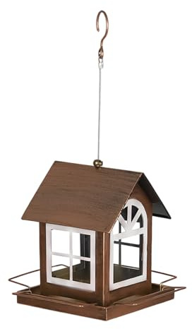 Distributore di cibo per uccelli sospeso – Stabile dispenser di cibo in metallo decorativo a forma di casa, durevole e resistente alle intemperie, per esterni, mangiatoia per animali selvatici