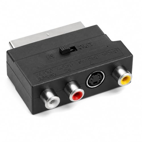 Adaptador Euroconector, Adaptador SCART a 3 RCA + S-Video con Interruptor IN/out, Convertidor de Conexión AV Analógica para TV, VHS, DVD, Consolas Retro, Reproductores de Vídeo y Equipos de Audio