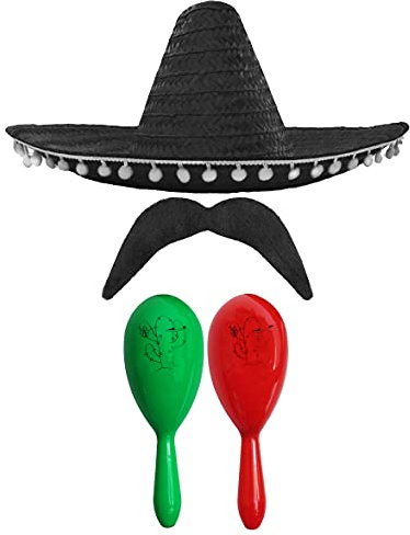 MEXIKANSK FANCY TRÄDGÅRDSTILLBEHÖRSSET - MEXIKAN SOMBRERO MED MARACAS OCH PÅ FOM POM SOMBRERO + grön och röd MARACAS)