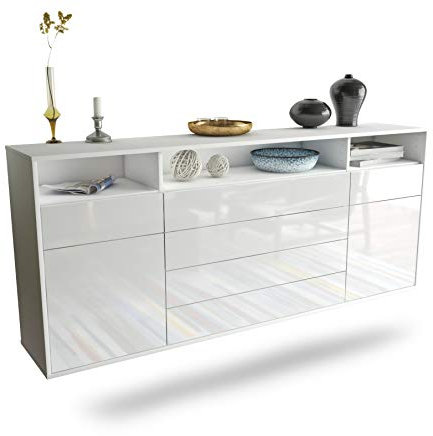 Dekati Sideboard Bellevue hängend (180x77x35cm) Korpus Weiss matt - Front Hochglanz Weiß - Push to Open - Leichtlaufschienen