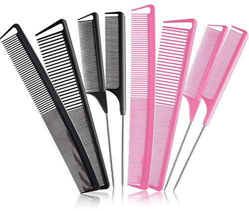 Patelai 8 Pcs Rat Tail Combs Set Carbon Fiber Parting Combs for Braid Heat Resistant Fine & Wide Tooth Teasing Comb Stainless Steel Pintail Black Pink Precision Hair Styling Supplies for Cosmetology