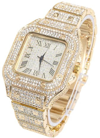 Halukakah Diamant Golduhr Iced Out, Männer 18k Echtgold Plattiert Quarz Armband 24cm Quadratisch Zifferblatt, Kommt mit Geschenkbox
