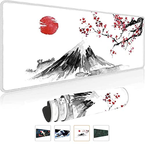 Owege Gaming Mauspad Weiß XXL 800 x 300 mm Japan Tuschemalerei Berg Sakura Sonne Berg Fuji Mousepad Groß Vernähte Kanten Wasserdicht Anti-Rutsch für PC, MacBook,Laptop, Polyester