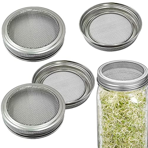 Rust Proof 316 Stainless Steel Sprouting Lids Wide Mouth Mason Jar Strainer Lid Sprouting for Mason Canning Sprouting Jars Strainer Mesh Lids Seed Sprouting Salad Sprouts 4 Pack