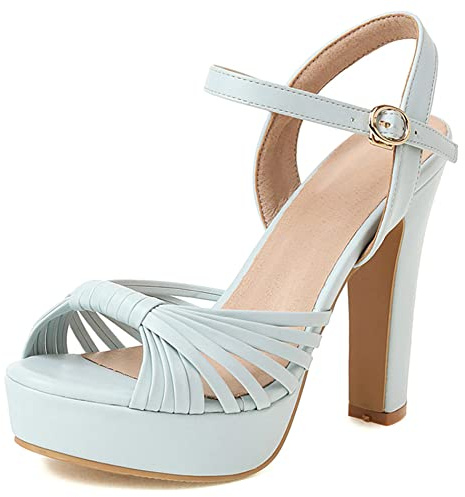 Lroey Reoly Sandali con Tacco Alto Donna, Sandali Punta Aperta Eleganti Tacco a Blocco Scarpe da Sposa con Plateau Fibbia con Cinturino Alla Caviglia 118 Blu Numero 32 EU