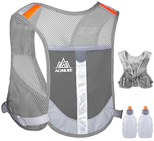 Tyuodna Ultraleicht Laufrucksack,Trinkrucksack Laufen,Trailrunning Rucksack,Laufweste Herren und Damen,Hydration Pack Fahrradrucksack für Draußen Sport, Laufen,Wandern (Grau+ 2 Wasserflaschen)