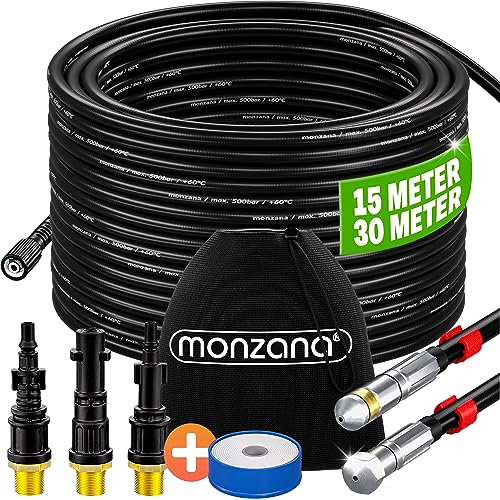 MONZANA® Rohrreinigungsschlauch Premium Set 30m 200bar inkl. 3 Adapter 2 Düsen Kärcher K2 K3 K4 K5 K6 K7 Hochdruckreiniger Universal Rohrreinigungsset
