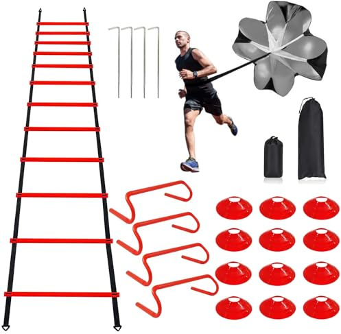 YEXEXINM Professional Agility Ladder Speed Training Equipment Set-20ft Red Agility Ladder,12 Soccer Cones, 4 Agility Hurdles, Running Parachute, Suitable for Soccer Football Basketball Training