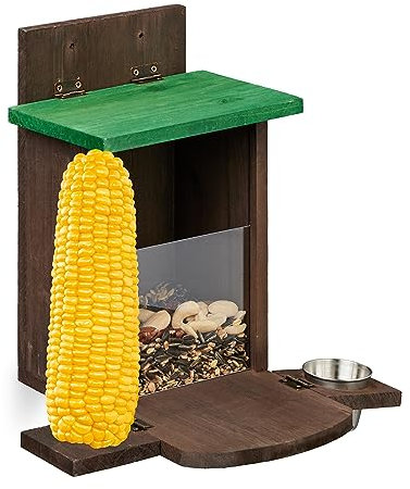 Relaxdays Eichhörnchen Futterhaus, Holz, Eichhörnchenfutterstation mit Maiskolbenhalter, Napf, Sitzplattform, braun/grün