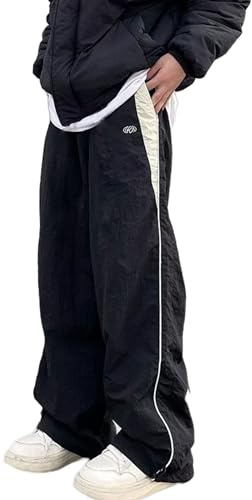 FCOOLYEET Herrträningsbyxor med vida ben Y2k Baggy Track byxor gotiska fallskärmsbyxor coola träningsbyxor för män, Svart, M