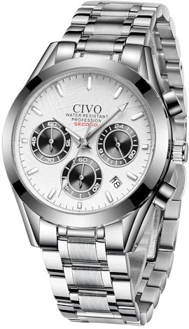 CIVO Armbanduhr Männer Elegant Edelstahl: Silber Herrenuhren Chronograph Analog Wasserdicht Quarz Datum Leuchtende