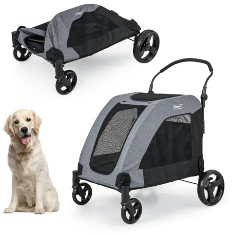 GOPLUS Poussette pour Chat Chien 67x98x88cm, Poussette Pliable à 4 Roues & Poignée Réglable, Porte Avant, Lucarne, Fenêtres en Maille, Charge 60 KG, pour Petit & Moyen Chien chat