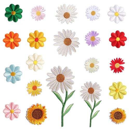 21 Stück Flicken zum Aufbügeln, Bügelbilder für Textilien, Patches zum Aufbügeln Blume, Gänseblümchen Bügel Patches, Sonnenblumen Aufnäher zum Aufbügeln DIY Blumenflicken für Jeans Jacken Hüte
