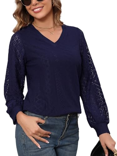 Camisa Mujer Encaje Blusa Cuello V Manga Larga Camiseta Suelta Elegante Básico Vintage Casual Azul Marino M