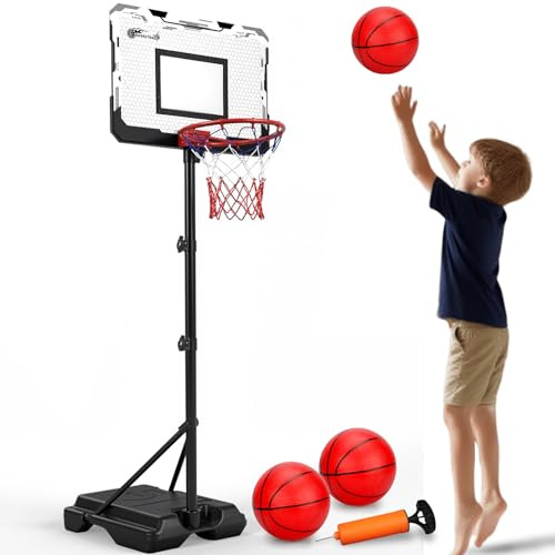 Kids Basketball Hoop Stand Indoor Outdoor Adjustable Height 0.97-1.88M(3.2-6.2ft) Basketball Hoop Toys Sport Games with Base 3 Orange Balls for Boys Girl Gift