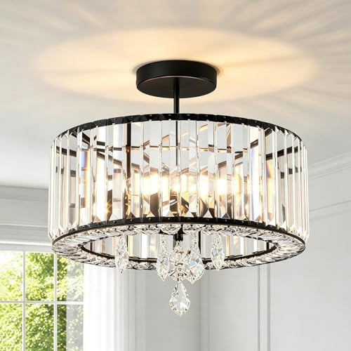 ANWIO Lampadari Cristallo Nero, Plafoniera in Cristallo Soggiorno E27 con 3 Luci, Lampada Sospensione Moderno in Vetro, Plafoniera da Soffitto Nero Per Camere da Letto,36.5 CM (Senza Lampadine) way