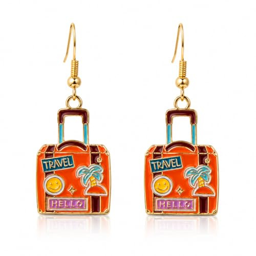 Boucles d'oreilles voyage valise émail mignonnes femmes palmier pendentif crochets acier inoxydable bijoux été vacances breloques cadeaux (Orange)