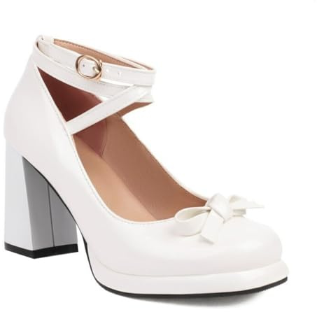 Donna Punta Tonda Pelle Verniciata Mary Janes con Fiocco Tacco A Blocco Alto Plateau Décolleté Cinturini Incrociati Scarpe da Vestito con Fibbia,Bianca,41 EU