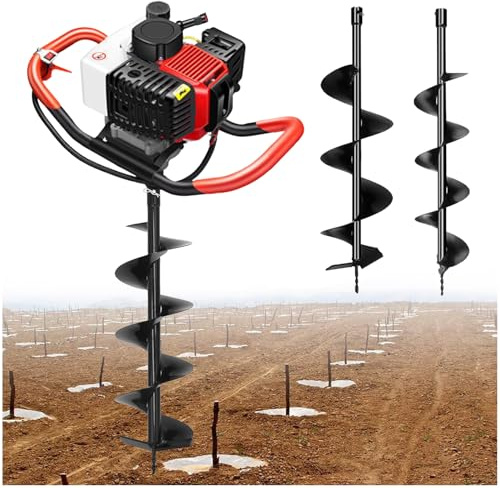 Trivella a trivella di terra, 4 tempi, alimentato a gas, trapano a benzina da 199 cc con 3 punte a trivella per pali di recinzione e terreno da giardino