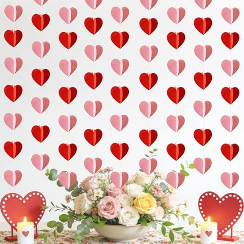 mogenda Valentines Day Hanging String Garlands Valentines Decor -NO DIY -Pink Red 3D Heart Garland, Valentines Decorations Supplies for Anniversary Valentine's Day Wedding Birthday Party (Pinkred)