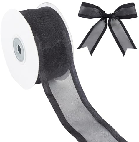 CABODYALS Ruban en Organza Noir Transparent de 22 m et 39mm Bordure Satinée en Mousseline de Polyester Transparente Rubans Larges à Rayures pour Emballage Cadeau Bouquets de Fleurs de Mariage Décorat