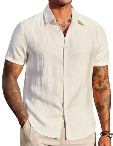 COOFANDY Men's Linen Shirts Short Sleeve Casual Button Down Shirts Beach Summer Wedding Tops
