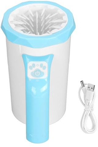 Limpiador automático de patas de, lavador portátil de patas de mascotas con cerdas de silicona suave, taza giratoria de doble sentido recargable para perros grandes, removedor de (Blanco Azul)