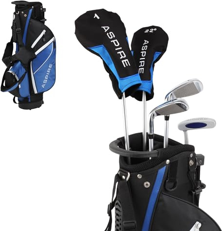 Aspire Junior Plus Kids Golf Clubs – Boys’ & Girls’ Right-Handed Golf Set with Lightweight Stand Bag, Graphite Shafts & Aircraft-Grade Aluminum Clubs - Blue Ages 9-10