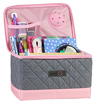 Everything Mary Sewing Case- Quilted Grey/Pink EVM13203-1 | Quilted Grey & Pink, Collapsible Storage and Organiser Basket for Sewing Supplies, Accessories, Thread, Needles and Scissors