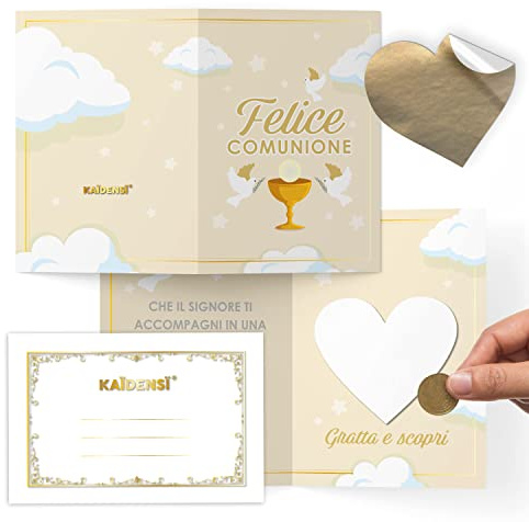 KAÏDENSÏ Prima Comunione Bambino Bambina - Biglietto Comunione Gratta e Vinci - Bigliettino Bambini Auguri con Busta Oro