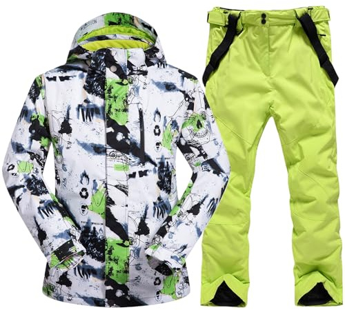 Mens Ski Jacket and Pants Set Ski Suit Winter Waterproof Windproof Hooded Snow Coat 2 Pieces Snowboarding Snowsuits Green+Green-XL