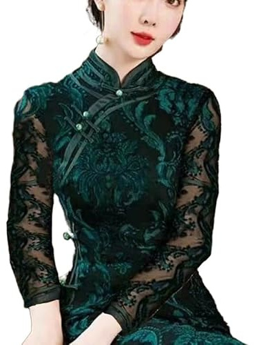 FOIDL Abito da donna elegante in raso floreale lungo cheongsam a maniche corte con colletto alla coreana, abito tradizionale cinese Qipao (Color : Long Sleeve, Size : XL)