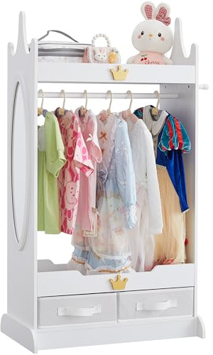 Kids Dress Up Storage with Mirror, Kids Armoire with Non-Woven Drawers, Open Costume Closet with Hanging Rack for Toddlers (White)