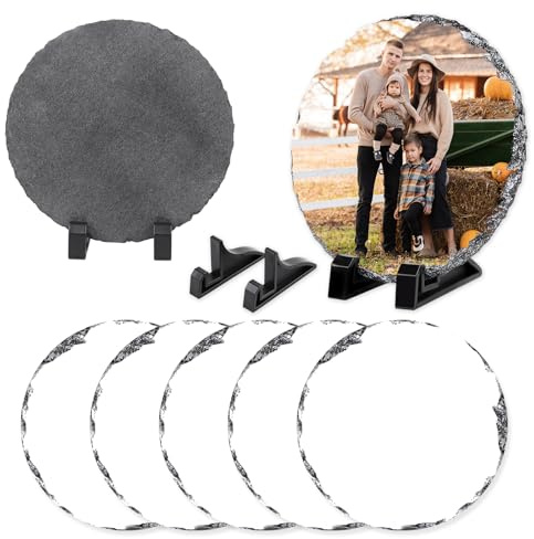 5Pcs Round Sublimation Slate Blanks 5.9X5.9 Inch Picture Frame Heat Transfer Rock Photo Plaque with DIY Custom Stone Slate Display Stand Christmas Decoration for Desktop Souvenir
