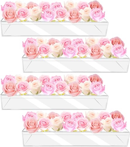 4Pcs Acrylic Flower Vase with 64 Holes,63 inch Decorative Long Clear Vase Modern,Rectangular Acrylic Vases Clear Floral Centerpiece for Dining Table Reception Home Party Decorations