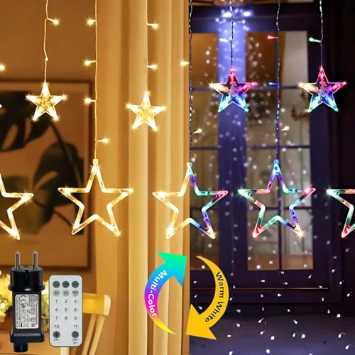 Hopelit Ljusslinga, 2,3 m, 12 stjärnor, ljusgardin, dimbar, varmvit, färgglad med kontakt och fjärrkontroll, 11 lägen, minnesfunktion och timer, ljusslinga, stjärnor för sovrum, gardin etc